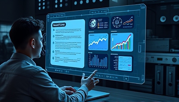 An innovative visualization of a designer interacting with the DesignTrend Insight tool, receiving real-time trend analysis reports and design suggestions on a futuristic holographic display, illustrating the seamless integration of AI technology in the web design decision-making process.