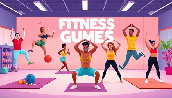 An energetic digital illustration depicting virtual fitness challenges with diverse participants engaging in exercises like jumping jacks, push-ups, and yoga poses, set against a backdrop of a virtual gym environment, promoting a fun and active lifestyle.