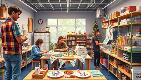 An artistic scene featuring a virtual craft workshop with participants engaged in various crafting activities, surrounded by colorful craft supplies and tools, capturing the essence of creativity and community connection within the CraftMingle Workshop marketplace.