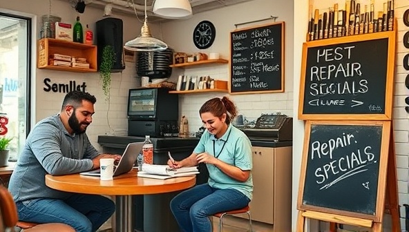 A cozy repair cafe setting with technicians diligently working on fixing various smartphones and devices, a customer happily receiving their repaired phone, and a chalkboard sign displaying the day's repair specials, creating a welcoming and efficient repair atmosphere.