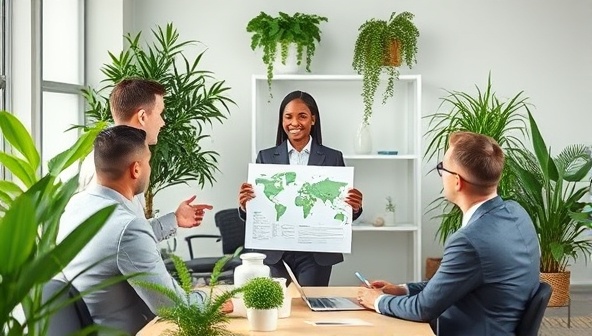 An office setting with a consultant presenting a sustainability report to a diverse group of business executives, surrounded by green plants and eco-friendly office decor, symbolizing sustainable accounting practices and environmental responsibility.