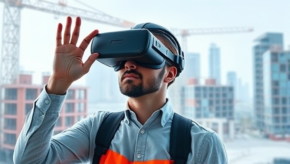 An architect wearing a VR headset, immersed in a virtual construction site environment, interacting with digital building models and design elements, surrounded by a futuristic digital workspace, conveying the innovative and immersive nature of VR construction planning.