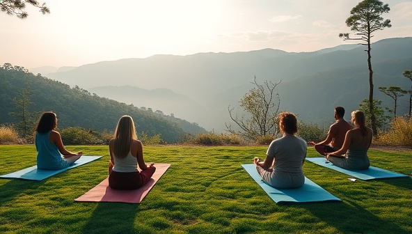 An inspiring image of a serene virtual yoga retreat setting, featuring a tranquil backdrop of nature, yoga mats laid out for a session, and participants engaging in a meditation circle, evoking a sense of peace and mindfulness.