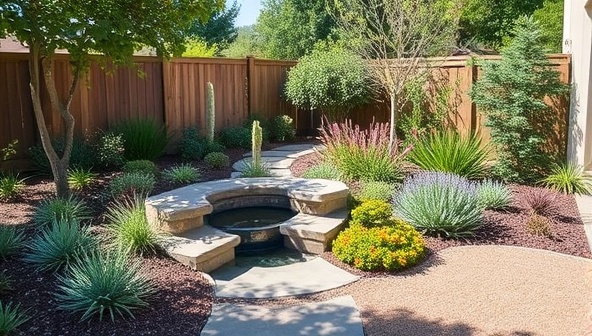 A beautiful residential garden with drought-resistant plants, a rainwater harvesting system, and permeable paving, showcasing a lush and sustainable outdoor oasis, with water conservation features elegantly integrated into the landscape design, reflecting the essence of AquaScapes Studio's eco-friendly approach.