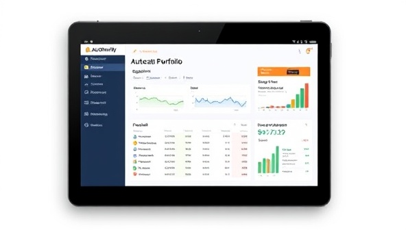 A sleek and modern visualization of the AutoDiversify platform interface on a tablet screen, displaying automated portfolio suggestions and performance metrics, with colorful graphs and charts representing diversified investment options tailored to individual user profiles, conveying simplicity and efficiency in portfolio management.