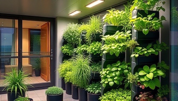 A modern urban apartment balcony transformed into a lush vertical farm, showcasing vibrant greens growing in stacked planters under LED lights, blending nature with contemporary living.