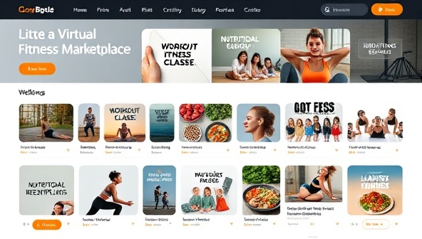 A virtual fitness marketplace interface featuring a variety of workout classes, wellness programs, nutritional resources, and mindfulness sessions, with motivational fitness quotes, workout equipment, and healthy meal images, inspiring users to embrace a balanced and active lifestyle.