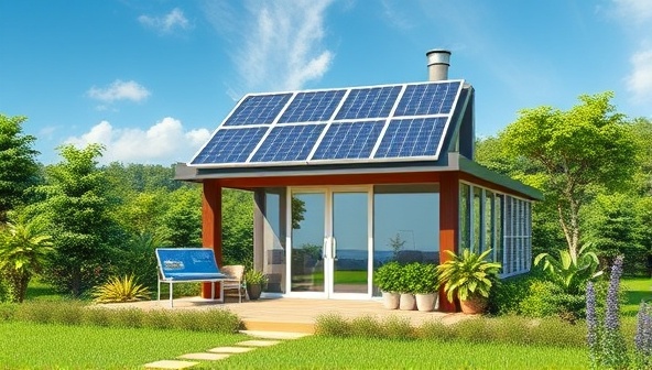 An artistic representation of a website design studio powered by solar panels, surrounded by lush greenery and sustainable design elements, symbolizing the eco-conscious ethos of GreenWeb Creations.