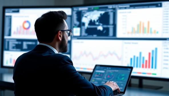 A virtual CFO avatar overseeing financial reports and charts in a digital workspace, symbolizing the virtual financial expertise and strategic guidance offered by CFO Plus Virtual to businesses of all sizes.