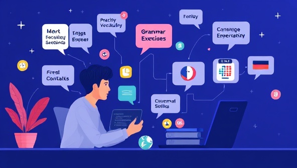 An engaging digital illustration showing a user engaging with the LingoBoost AI platform, practicing vocabulary, grammar exercises, and conversational skills in multiple languages with interactive feedback and gamified learning elements, highlighting the effective and personalized language learning experience provided by the platform.