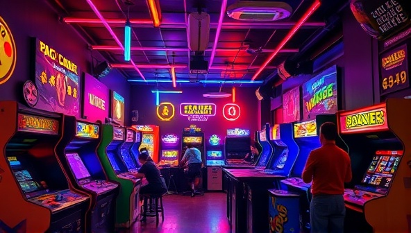 A retro-style arcade lounge setting with colorful neon lights, vintage arcade cabinets, and players enjoying classic games like Pac-Man and Space Invaders, evoking a vibrant and nostalgic atmosphere of retro gaming culture.