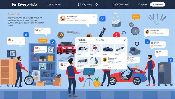 A dynamic digital illustration showcasing PartSwap Hub in action, with users browsing through a diverse collection of car parts, exchanging messages and offers, and completing transactions seamlessly, illustrating the vibrant and interactive nature of the online car parts exchange platform.