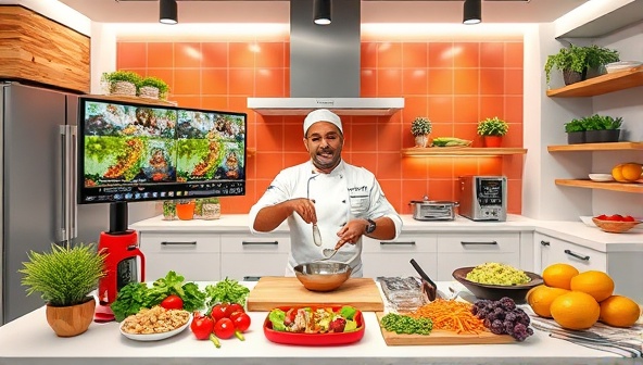 A vibrant virtual kitchen setup with a chef demonstrating a cooking technique on a live stream, surrounded by colorful ingredients and modern cooking appliances, creating an immersive culinary experience.