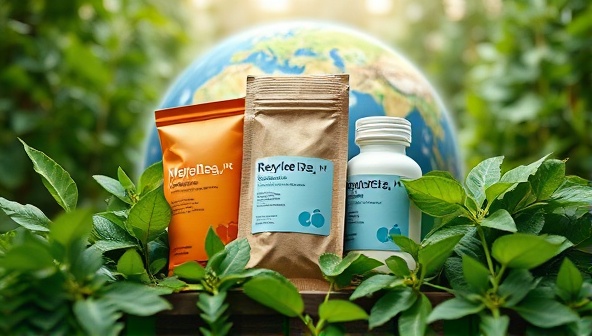 An artistic representation of pharmaceutical packaging made from recycled materials, surrounded by lush greenery and the Earth in the background, symbolizing the harmony between healthcare and environmental conservation.