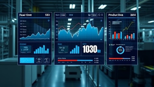 A digital dashboard displaying real-time production data, with interconnected machines in a factory setting, illustrating the concept of smart manufacturing and efficiency.