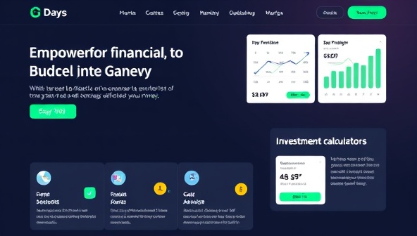 A sleek and modern website interface showing interactive budgeting tools, investment calculators, and engaging financial education content, designed to empower users in managing their money effectively.