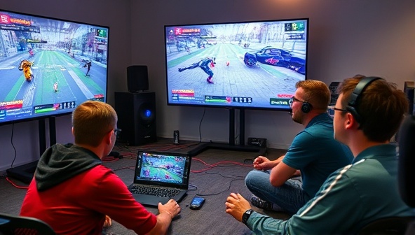 An experienced gaming mentor providing guidance and tips to a group of attentive gamers during a virtual coaching session, with screens displaying gameplay footage, strategies, and interactive discussions, creating a dynamic and engaging learning environment.
