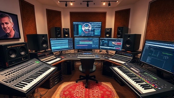 A virtual music studio setup featuring professional audio equipment, MIDI controllers, sound mixing consoles, and creative workstations, evoking a modern and dynamic music production environment in a digital space.