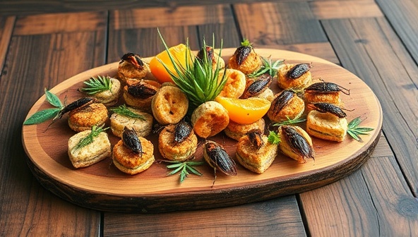 An artistic and appetizing display of BugBites Delights snacks, featuring a variety of insect-based treats arranged on a wooden platter with exotic garnishes and herbs, presented in a gourmet style to showcase the innovation and culinary potential of edible insects as a sustainable snack source.