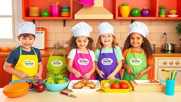 A colorful and playful kitchen setup with children wearing aprons and chef hats, engaging in cooking activities with YumKid Creations meal kits, surrounded by vibrant ingredients and cooking tools, fostering a fun and educational culinary experience for kids.