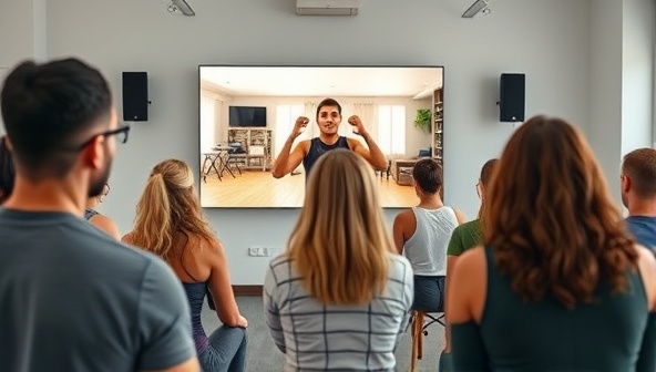 A dynamic virtual workout class scene with diverse participants following an energetic trainer on a screen, showcasing community engagement and interactive fitness challenges.