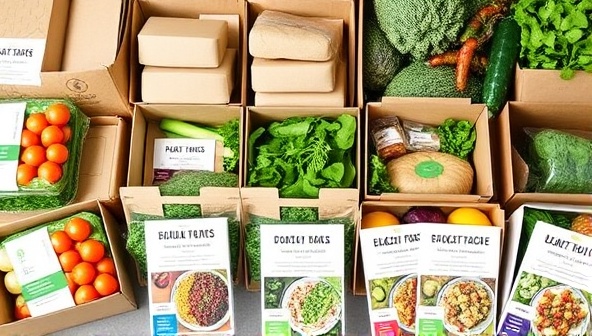 An assortment of colorful plant-based meal prep kits neatly arranged in eco-friendly packaging, with fresh vegetables, herbs, and recipe cards displayed attractively, conveying convenience and health-conscious meal solutions.