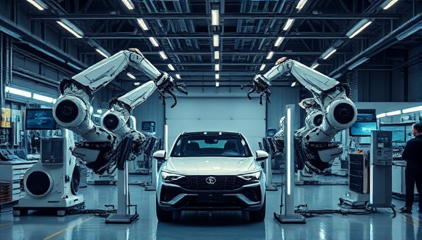 A futuristic garage setting with robotic arms conducting maintenance on autonomous vehicles, surrounded by cutting-edge diagnostic equipment and a team of specialized technicians monitoring the process, illustrating advanced AI-driven vehicle care.