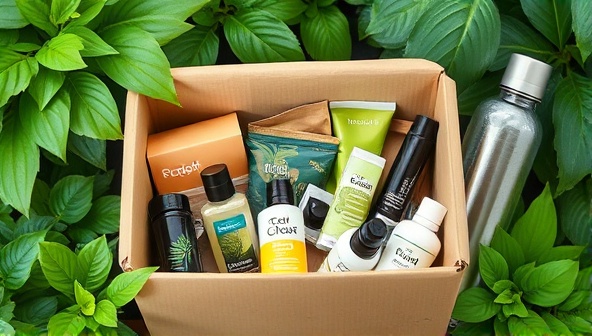 An assortment of eco-friendly travel products neatly arranged in a recycled cardboard box, surrounded by lush green foliage and a reusable water bottle, symbolizing sustainable travel essentials and nature-friendly adventures.