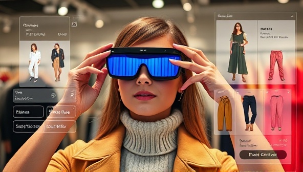 An engaging visual of a customer using AR glasses to virtually try on different outfits, with digital overlays showing product details and customization options, creating an immersive shopping experience.