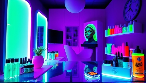 A vibrant and futuristic beauty studio illuminated with UV lights, a model showcasing a stunning glow-in-the-dark makeup look, and a display of UV-reactive beauty products and nail art designs, creating a visually captivating and immersive beauty experience that glows in the dark.