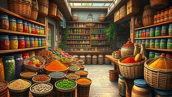 An artistic depiction of a vibrant spice marketplace with an array of colorful spice jars, woven baskets, and exotic ingredients from different cultures, creating a sensory and immersive experience that captures the essence of the GlobalFlavors Spice Club.