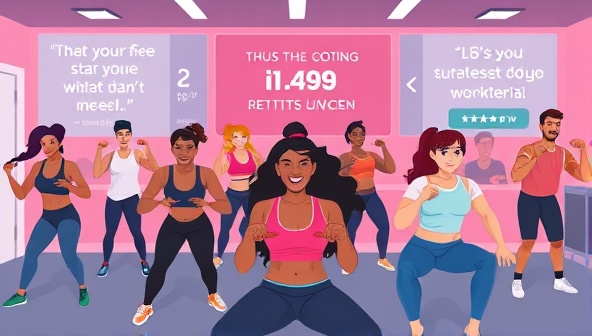 A digital illustration of a diverse group of people working out together in a virtual fitness session, with motivational quotes and fitness metrics displayed on the screen, creating a sense of community and progress.