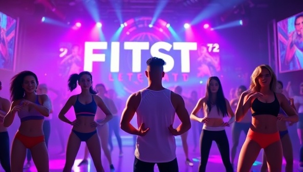 An energetic virtual fitness concert scene with animated avatars participating in a high-intensity workout session led by a virtual fitness instructor, surrounded by pulsating lights and music visuals, capturing the dynamic and motivating atmosphere of FitBeats' online fitness concert experience.