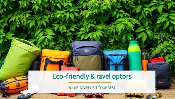 An array of vibrant and sustainable outdoor gear neatly arranged against a backdrop of lush greenery, with a banner highlighting eco-friendly travel options, showcasing a commitment to sustainability and adventure.