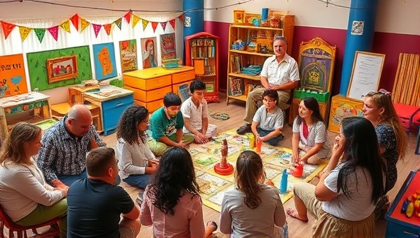 Imaginative workshop setup with colorful storytelling props, interactive games, and a diverse group of participants engrossed in a storytelling session, fostering creativity and collaboration.