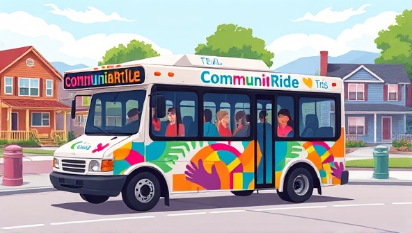 A vibrant illustration of a community shuttle bus adorned with colorful graphics, transporting passengers through a scenic neighborhood, symbolizing the inclusive and community-centric nature of the CommuniRide service.