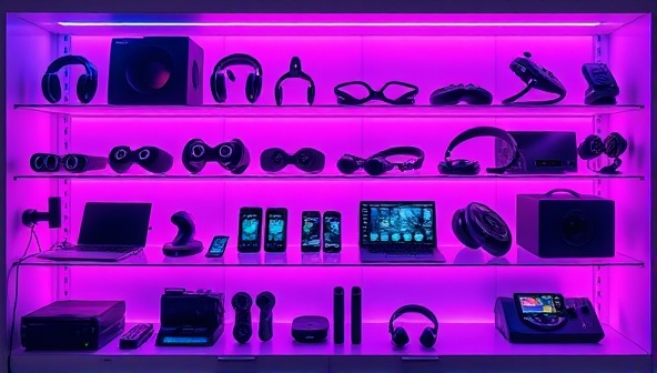 An assortment of high-tech fitness gadgets and devices neatly displayed on shelves with vibrant LED lights, conveying a futuristic and tech-savvy atmosphere for enhanced home workouts and fitness tracking.