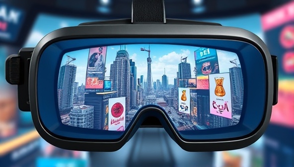 A virtual reality headset displaying a lifelike simulation of a futuristic cityscape, where digital billboards seamlessly showcase branded products integrated into the virtual environment, highlighting the immersive and engaging nature of VR product placement.