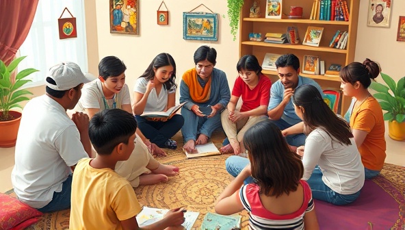 An artistic depiction of a diverse group of individuals engaged in a storytelling workshop, sitting in a circle sharing tales, with colorful props and visual aids enhancing the interactive experience, fostering creativity and collaboration.