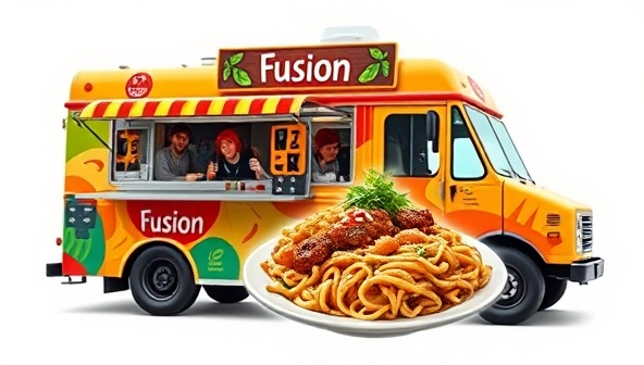 An eye-catching image of a food truck adorned with vibrant colors and bold graphics, showcasing a fusion dish that combines elements from two different culinary traditions, presented elegantly and invitingly to evoke curiosity and appetite.