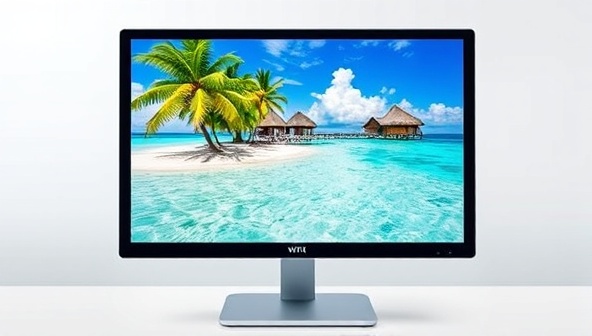 A computer screen displaying a stunning virtual tour of a tropical beach, with crystal-clear waters and palm trees swaying in the breeze, inviting viewers to escape reality and explore new destinations virtually.