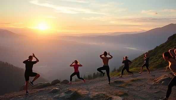 A picturesque mountain trail setting with a group of fitness enthusiasts engaged in various workout activities like yoga poses, trail running, and stretching against the backdrop of a sunrise or sunset, capturing the essence of outdoor fitness adventures.
