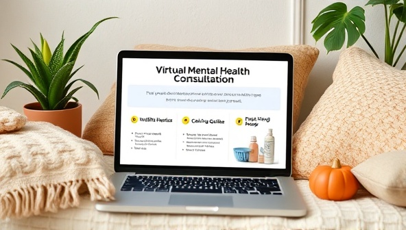 A virtual mental health consultation setup with a laptop displaying mindfulness exercises, self-care guides, mental health resources, and calming visuals, surrounded by cozy elements like cushions and plants, creating a safe and comforting space for emotional support and well-being.