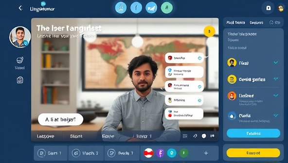 An image of a virtual language lesson on the LingoMentor Online platform, featuring an AI chatbot tutor interacting with a user, virtual language exercises, and a progress tracker, highlighting the innovative and personalized language learning experience provided by the platform's AI tutoring services.