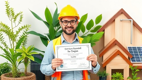 An architect holding a certificate in sustainable design, surrounded by green building materials and renewable energy sources, symbolizing expertise and commitment to environmentally friendly architecture.