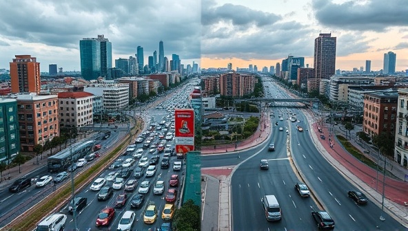An engaging visual of a cityscape split into two halves, one showing chaotic traffic congestion and the other depicting smooth-flowing traffic managed by TrafficFlow Virtual, highlighting the transformative impact of smart traffic management on urban environments.