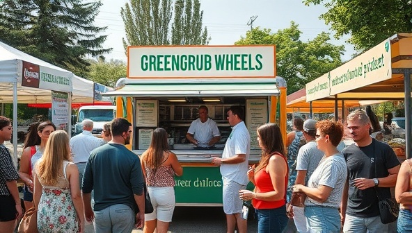 A vibrant and bustling farmers' market scene with GreenGrub Wheels food truck at the center, customers lined up to order plant-based dishes, colorful banners showcasing the menu options, and a friendly chef serving mouth-watering vegan creations, capturing the essence of sustainable and delicious street food.