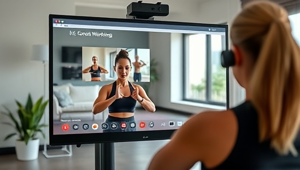 An image of a virtual fitness coach conducting a live workout session with a client via a video call, displaying exercise demonstrations and providing real-time feedback, conveying personalized coaching and support.