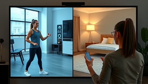A digital screen split into two parts: one showing a fitness coach guiding a workout session and the other displaying a user following along at home, showcasing the interactive and engaging nature of the virtual coaching platform.