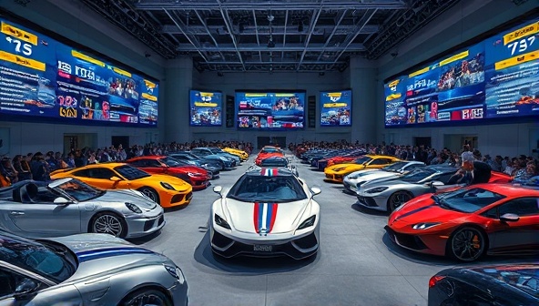 An immersive virtual auction room with digital displays showing bidding activity, a variety of luxurious cars on display, and a diverse group of bidders participating from around the world, creating a dynamic and engaging auction experience.
